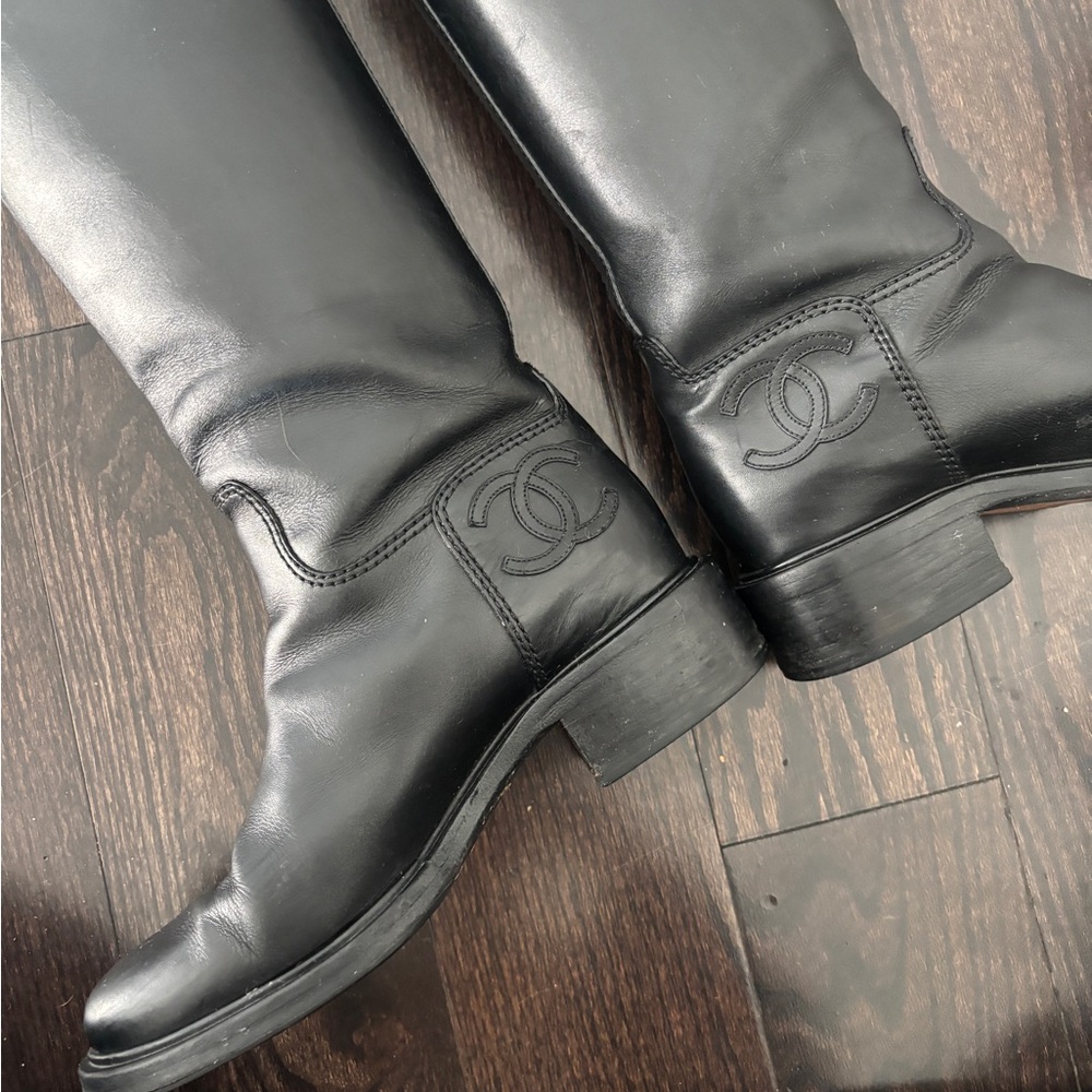 Vintage Chanel Mid-Calf Black Leather Women's Boots